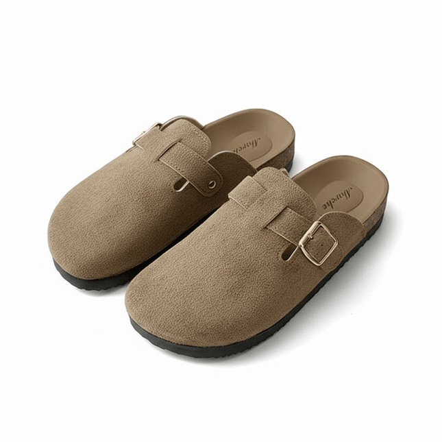 Zuecos mule de ante sintético con hebilla dorada — Multicolor