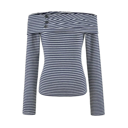 Camiseta a rayas con botones, de manga larga y hombros descubiertos - tugranalmacen.com