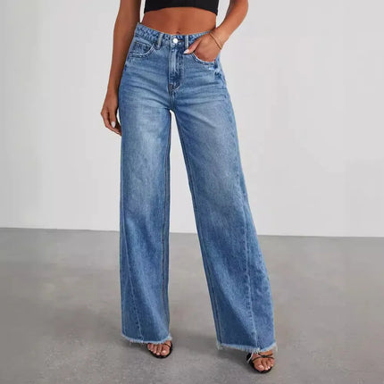 Jeans Wide Leg mujer-Vaqueros tiro medio bajos deshilachados