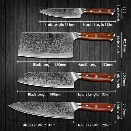 Juego de 4 cuchillos de cocina XINZUO, núcleo VG10, acero de Damasco - tugranalmacen.com