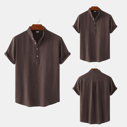Camisa de algodón y lino con cuello mao y patrón floral para hombre