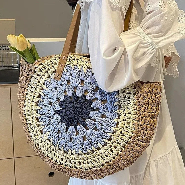 Paper rope hollow out colorful round plate grass woven bag casual beach bag one shoulder fashionable woven bag - tugranalmacen.com