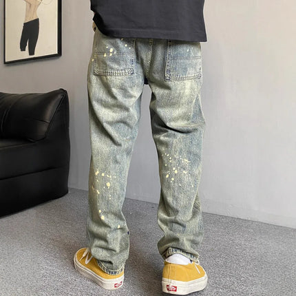 Pantalones vaqueros holgados de estilo informal de invierno para hombre, lavados, vintage, con salpicaduras, rectos, de gran tamaño, versátiles y cóni - tugranalmacen.com