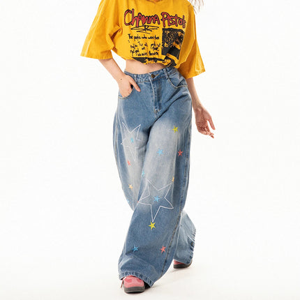 Jeans mujer rectos con bordado de estrellas estilo retro