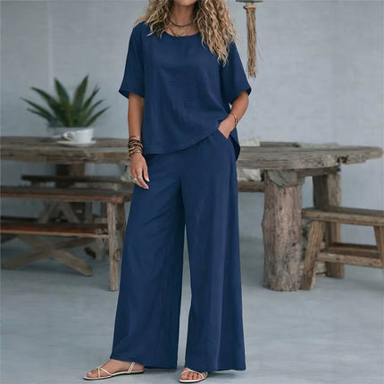 Conjunto de dos piezas con pantalones anchos de lino y algodón