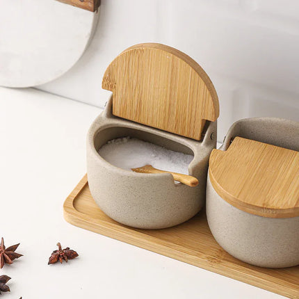 Tarro de cerámica japonesa con tapa de bambú y madera para condimentos - tugranalmacen.com