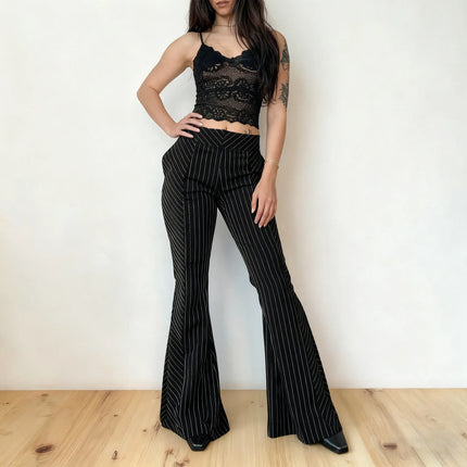 Pantalones Acampanados a Rayas Blancas y Negras - Tiro Bajo Mujer