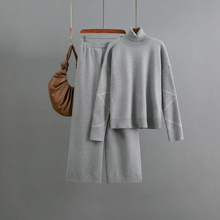 Conjunto de suéter holgado de cuello alto y pantalón de mujer