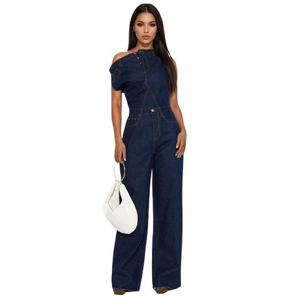 Mono denim sin tirantes azul oscuro para mujer