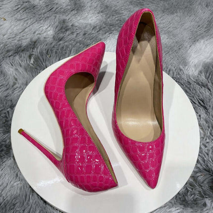Zapatos de tacón de aguja Tikicup con efecto cocodrilo en color rosa para mujer, punta puntiaguda, sin cordones, de 8/10/12 cm de alto