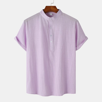 Camisa de algodón y lino con cuello mao y patrón floral para hombre