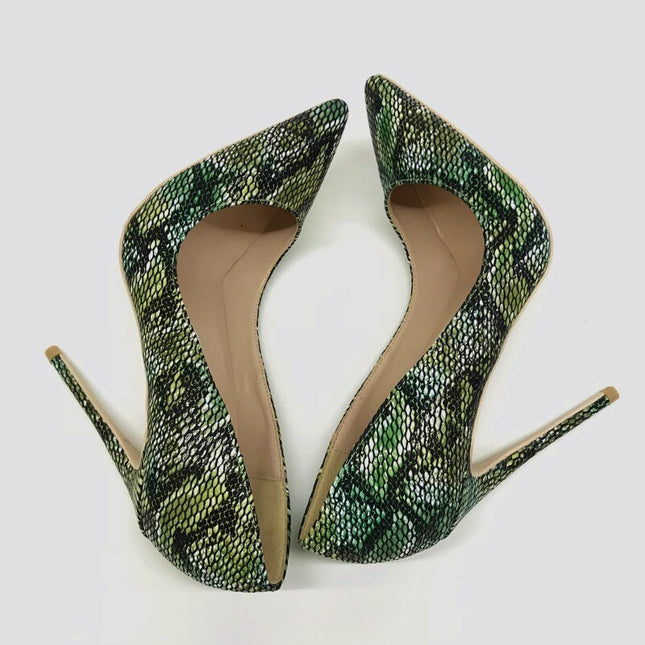 Tikicup - Zapatos de tacón alto con estampado de pitón verde en relieve para mujer