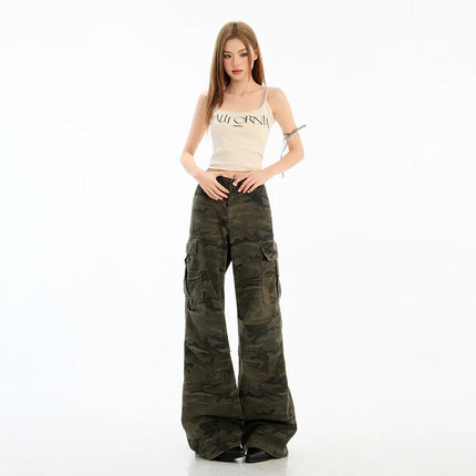 Women's High-Waisted Cargo Casual Pants for Spring and Summer Trendy Wide-Leg Floor-Length Trousers - tugranalmacen.com