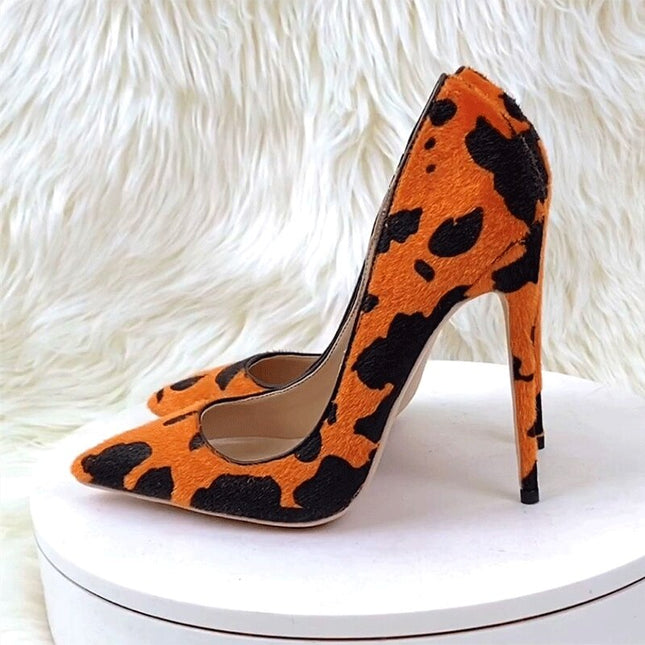 Zapatos de tacón alto Tikicup con estampado de vaca naranja y pelo aterciopelado para mujer, punta puntiaguda, 8 cm, 10 cm y 12 cm, sin cordones, sexy