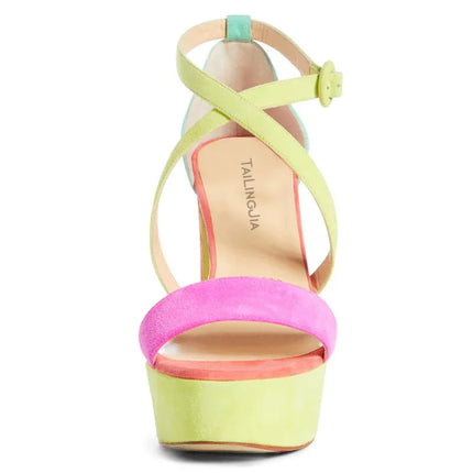 Sandalias plataforma de tacón grueso y tiras cruzadas multicolor en ante Sandalias plataforma de tacón grueso y tiras cruzada