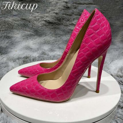 Zapatos de tacón de aguja Tikicup con efecto cocodrilo en color rosa para mujer, punta puntiaguda, sin cordones, de 8/10/12 cm de alto