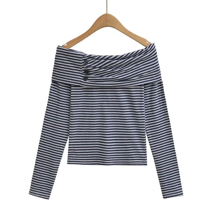 Camiseta a rayas con botones, de manga larga y hombros descubiertos - tugranalmacen.com