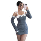 Vestido corto de un hombro con encaje gris
