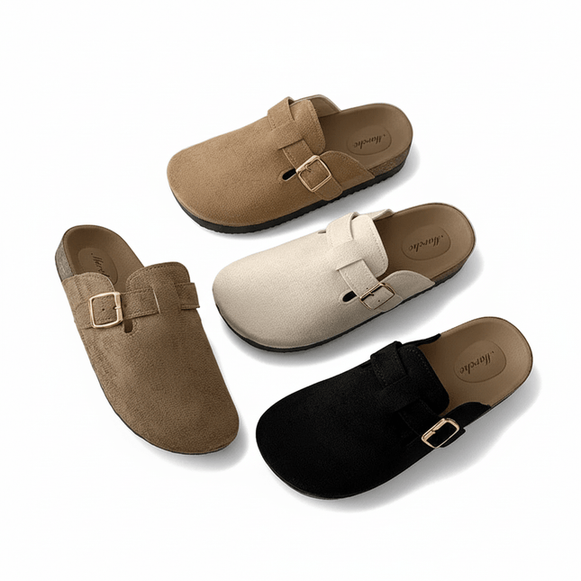 Zuecos mule de ante sintético con hebilla dorada — Multicolor