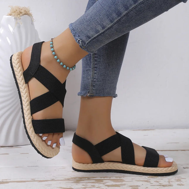 Sandalias planas de lino para mujer en negro