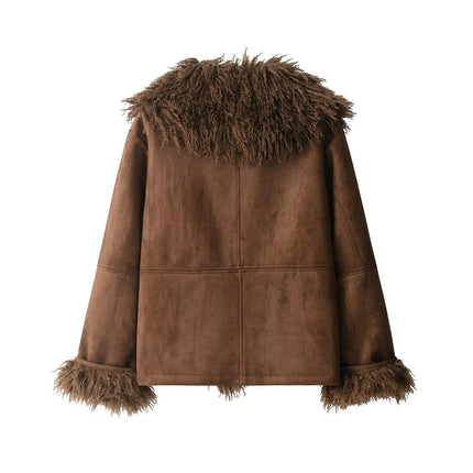 Chaqueta de Piel Sintetica Mujer con Cuello de Pelo - Abrigo Elegante