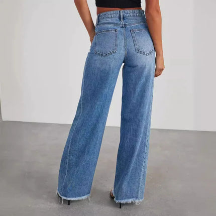 Jeans Wide Leg mujer-Vaqueros tiro medio bajos deshilachados