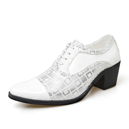 Zapatos unisex de tacón alto-Elegancia retro Glam blancos, cuero y tela con diseño geométrico, estilo clásico