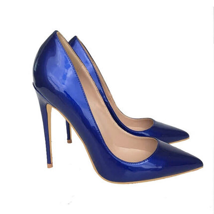 Tikicup - Zapatos de tacón alto de aguja con punta puntiaguda y charol azul oscuro para mujer, elegantes, sin cordones, para boda, tallas grandes 34-4