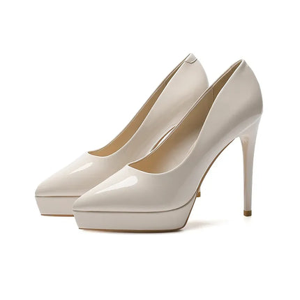 Zapatos Stiletto de tacón de aguja con plataforma, color beige, charol brillante, elegantes