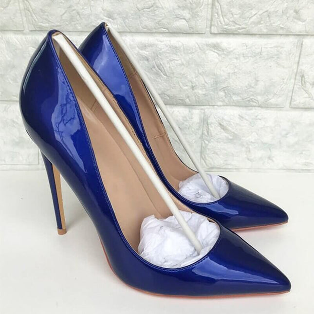 Tikicup - Zapatos de tacón alto de aguja con punta puntiaguda y charol azul oscuro para mujer, elegantes, sin cordones, para boda, tallas grandes 34-4