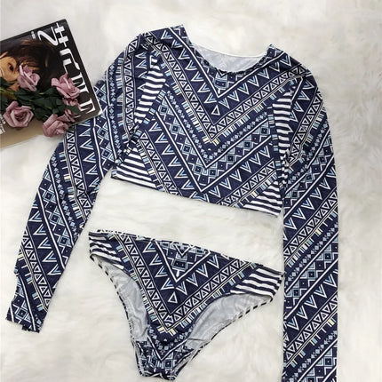 Conjunto de natación azul oscuro estampado manga larga