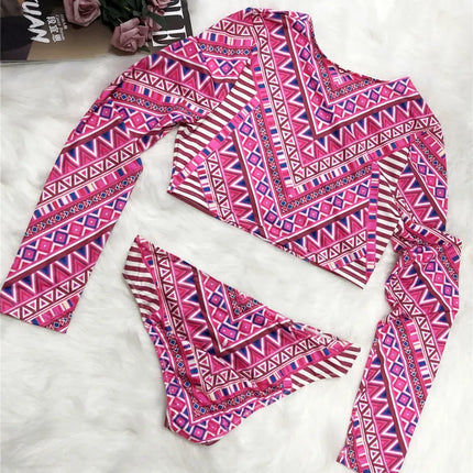 Conjunto de natación azul oscuro estampado manga larga