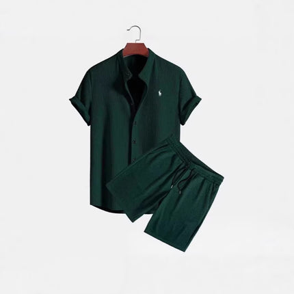 Conjunto casual de verano para hombre con camisa de manga corta y shorts de seda helada