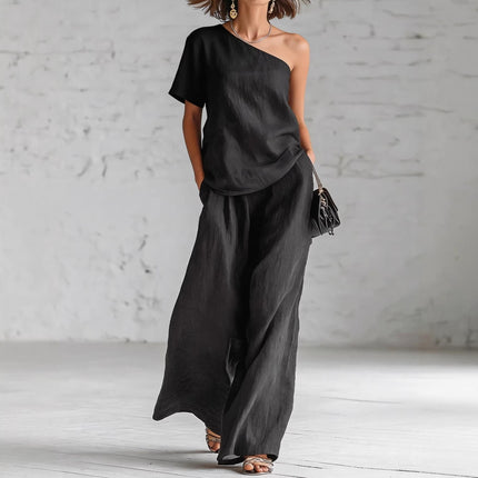 Conjunto bohemio de top hombros descubiertos y pantalones anchos
