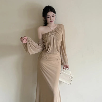 Vestido de malla con hombros inclinados, estilo francés - tugranalmacen.com