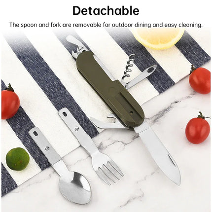 7-in-1 multifunctional stainless steel foldable outdoor camp tableware: fork, spoon, knife. Survival tools for picnic, camping. - tugranalmacen.com