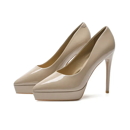 Zapatos Stiletto de tacón de aguja, color beige, charol brillante, con plataforma elegante