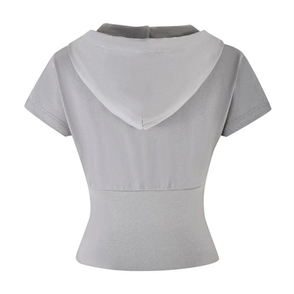 Sudadera Crop de Mujer con Capucha  y Cremallera Gris Cordones Rosa