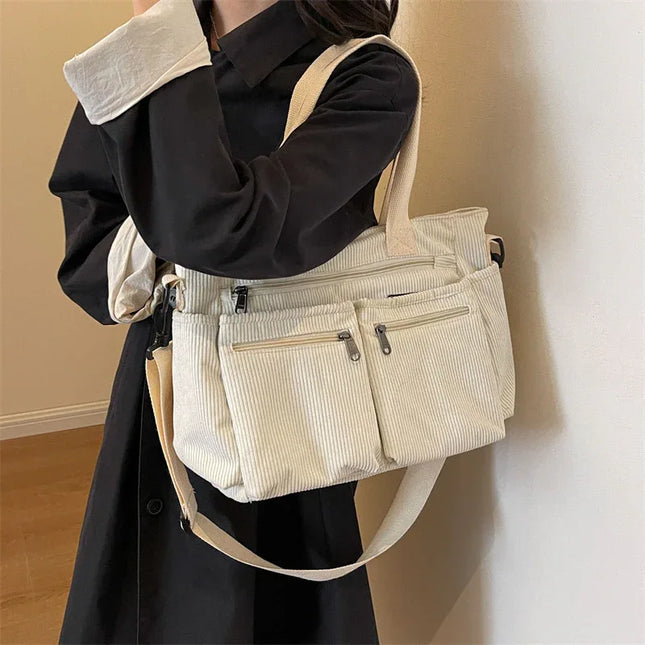 Bolso de Mujer Casual de Pana de Estilo Vintage y Gran Capacidad en color blanco hueso