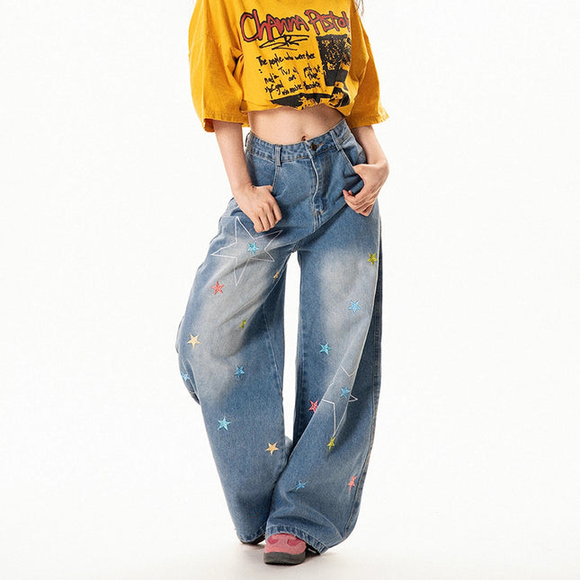 Jeans mujer rectos estilo retro con bordado de estrellas, moda vintage, ideal para look casual.