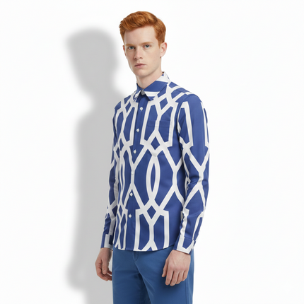 Camisa de hombre manga larga y patrón geométrico azul blanco