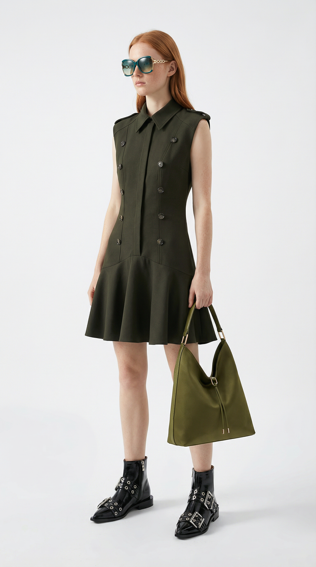 Vestido de estilo militar sin mangas con botones para mujer