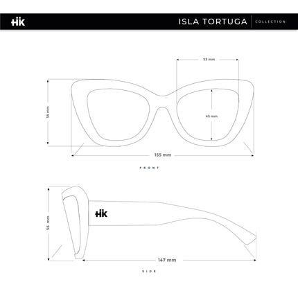 Gafas de sol Hanukeii® Isla Tortuga Black dimensiones frontales y laterales con medidas en milímetros.