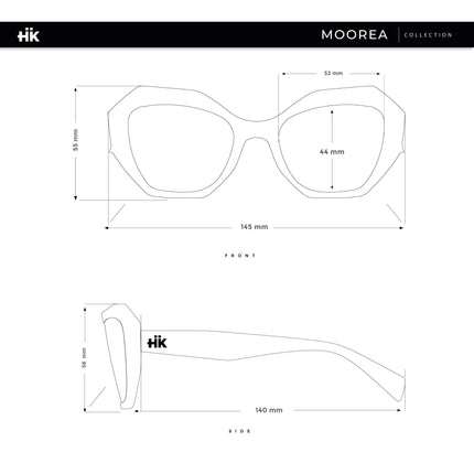Esquema de dimensiones de las gafas de sol Hanukeii® Moorea Black / Black, mostrando medidas frontales y laterales.