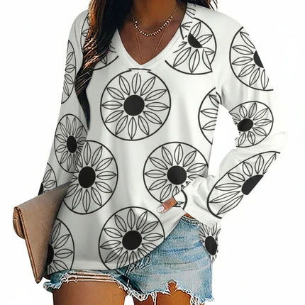 Camiseta de Mujer Manga Larga y Flores Geométricas Blanca