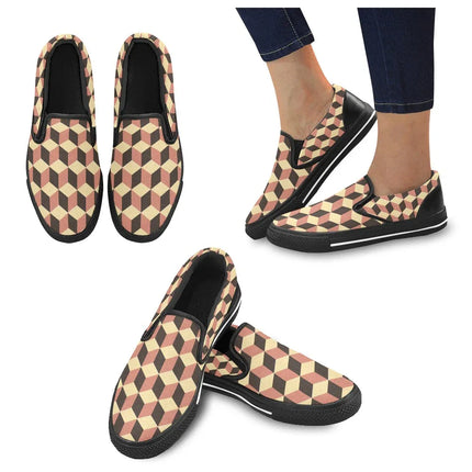 Zapatillas Slip-On Deco cubos pastel mujer, diseño geométrico, tonos pastel, estilo casual, material textil