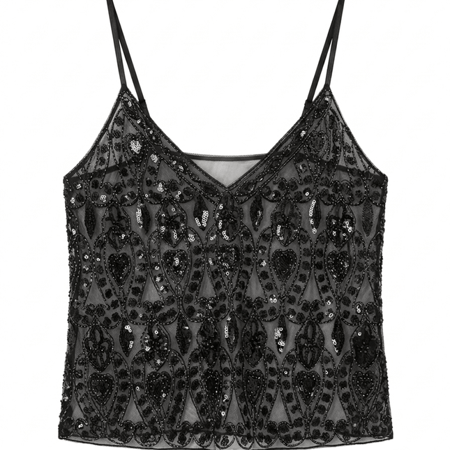 Top sin mangas negro con detalles de encaje y lentejuelas, elegante para fiestas - Midnight Dreams.