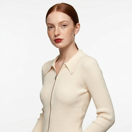 Suéter de punto con cremallera y cuello camisero de mujer