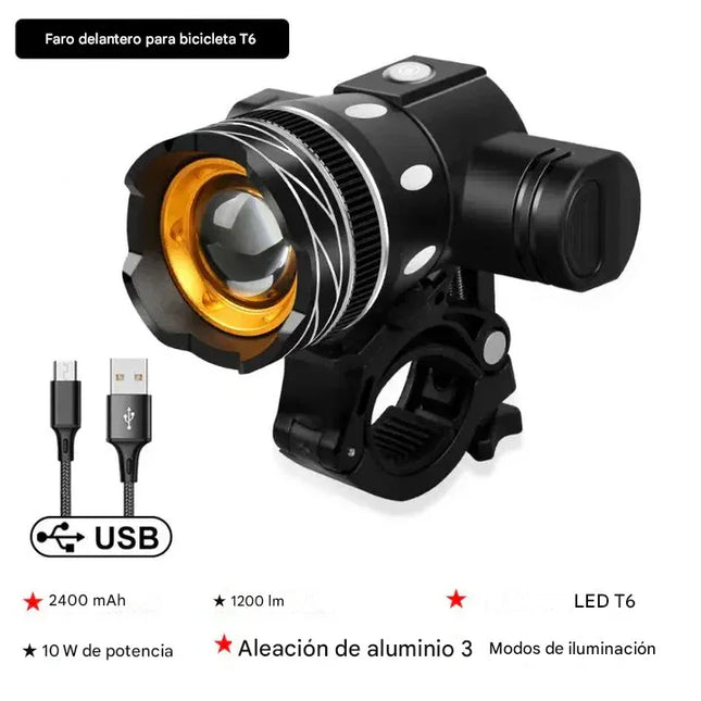 Linterna frontal LED T6 para bicicleta - Recargable - USB - 2400 mAh - tugranalmacen.com